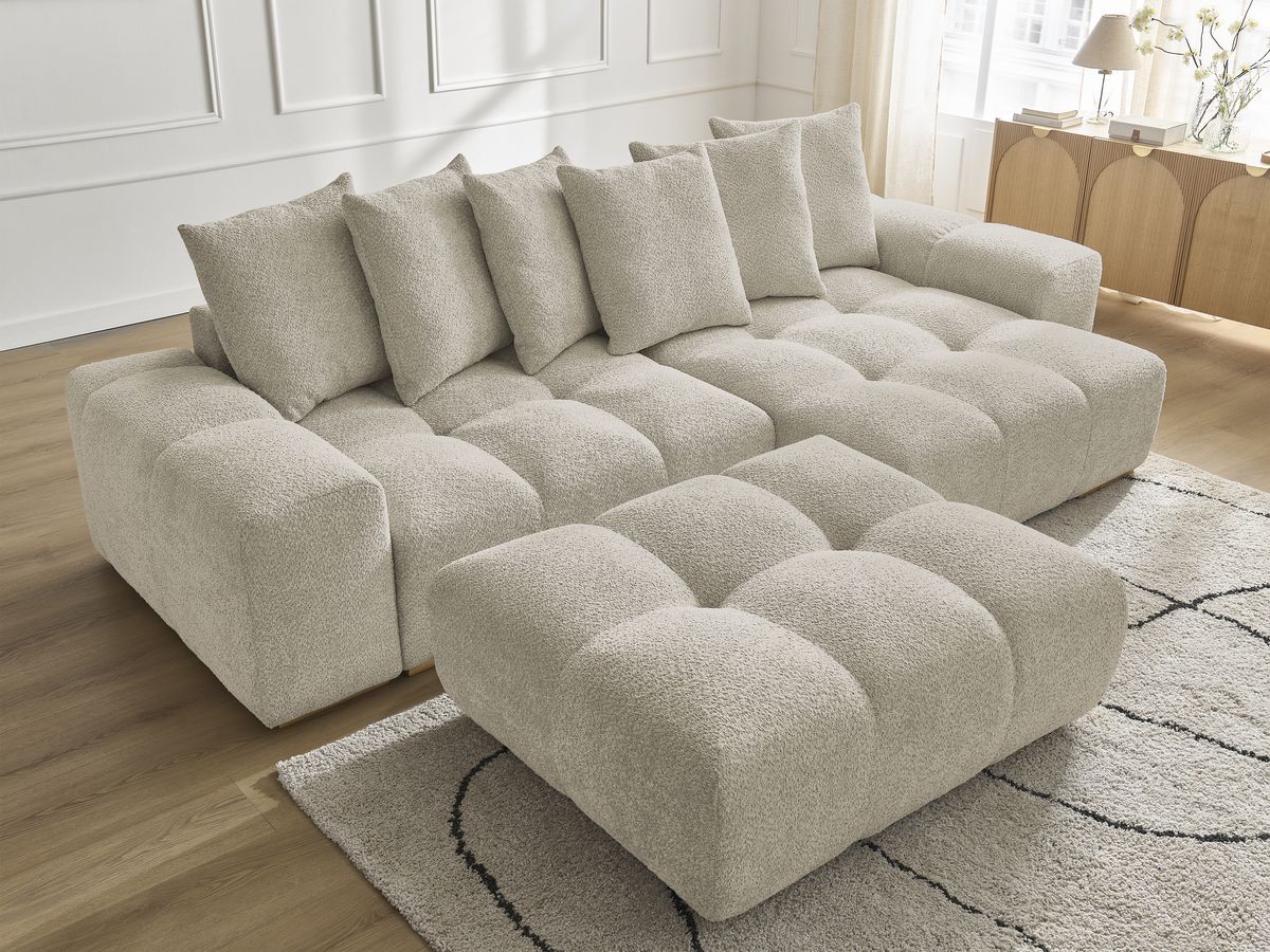 Bobochic Anakin Ecksofa mit Pouf, 6 Kissen Bouclé-Stoff Beige