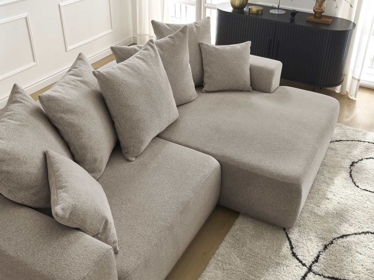Bobochic Atilla Ecksofa mit Schlaffunktion und Bettkasten Melange-Stoff Taupe Ecke rechts