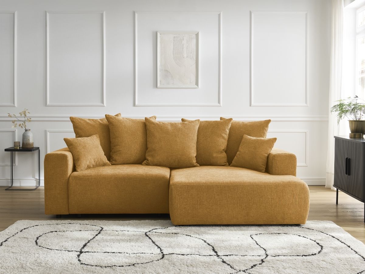 Bobochic Atilla Ecksofa mit Schlaffunktion und Bettkasten Strukturstoff Gelb Ecke rechts