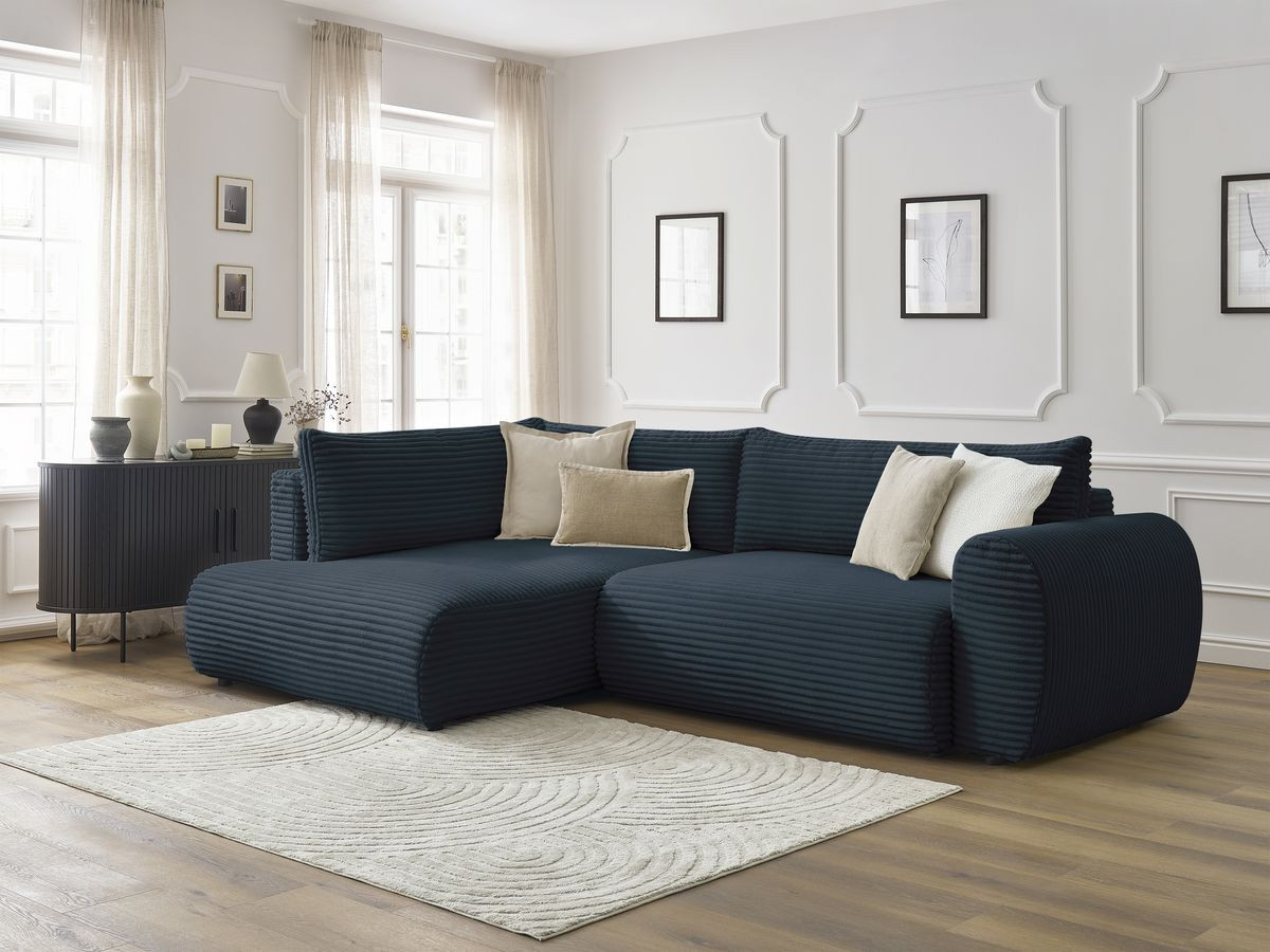 Bobochic Lucien Ecksofa mit Schlaffunktion und Bettkasten 296 × 198 cm Breitcord weich Dunkelblau Ecke links