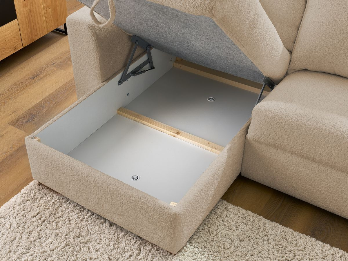 Bobochic Augustin Ecksofa mit Schlaffunktion und Bettkasten Bouclé-Stoff Beige, Liegefläche 140 × 200 cm