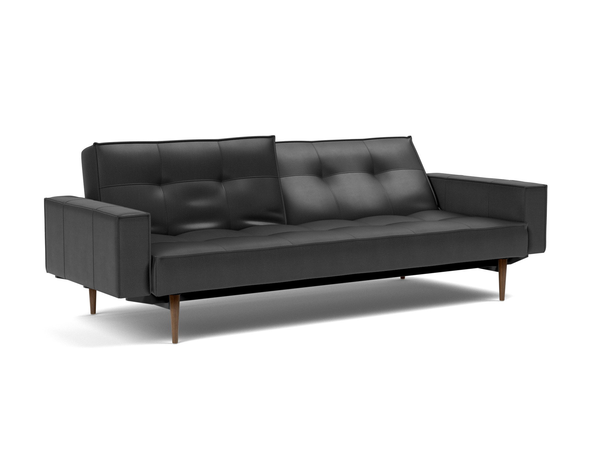 Schlafsofa Splitback mit Armlehnen Lederoptik Faunal 550-Black Beine Styletto Eiche dunkel