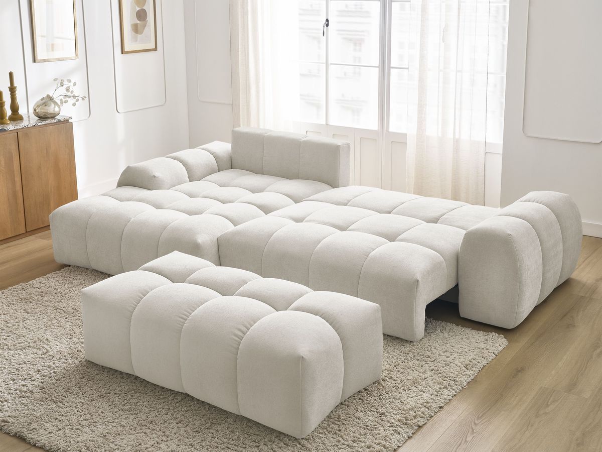 Bobochic Everest Ecksofa mit Schlaffunktion und Bettkasten und Pouf 318 × 180 cm, 7 Kissen Strukturstoff Weiß Ecke links