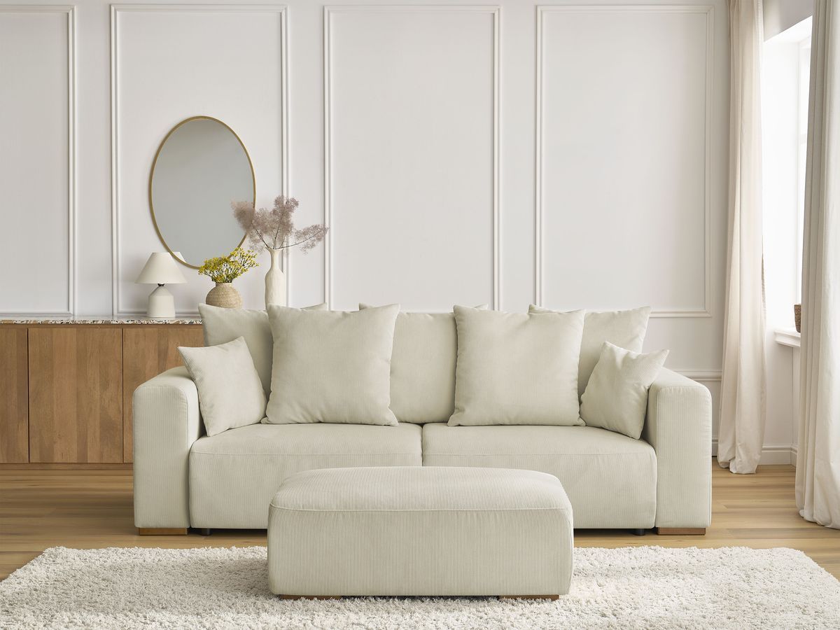 Bobochic Sidonie Schlafsofa 4-Sitzer mit Bettkasten und Pouf Cordsamt Beige