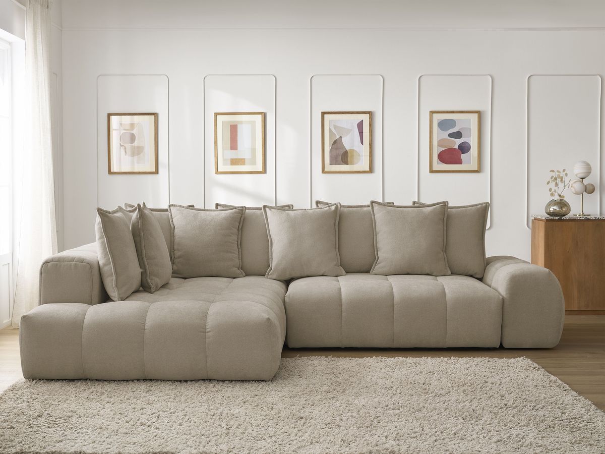 Bobochic Everest Ecksofa mit Schlaffunktion und Bettkasten 320 × 212 cm, 10 Kissen Strukturstoff Taupe Ecke links