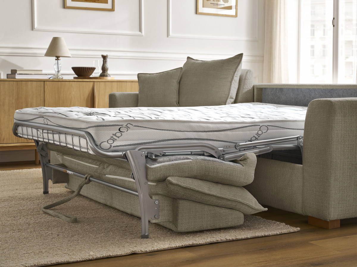Bobochic Augustin Ecksofa mit Schlaffunktion und Bettkasten Strukturstoff Taupe, Liegefläche 140 × 200 cm