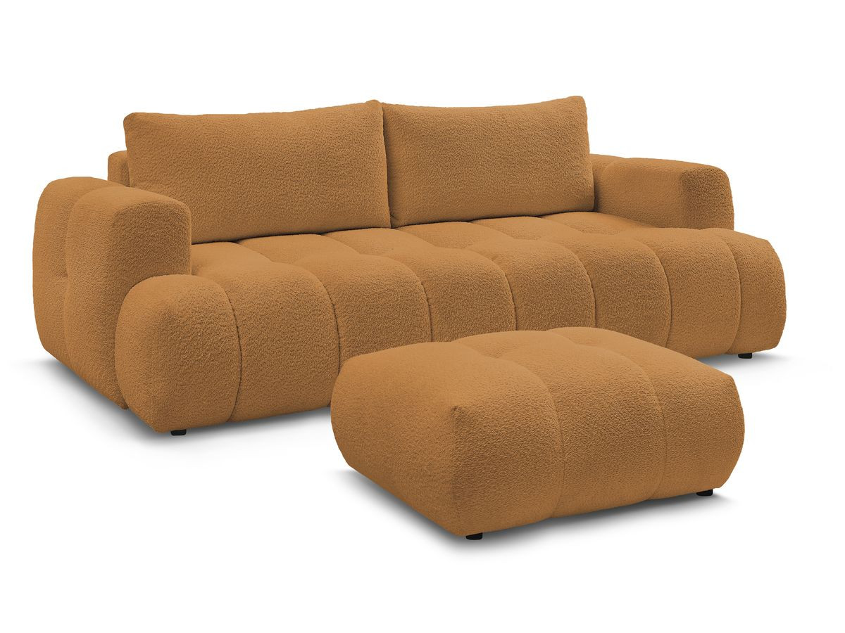 Bobochic Fuji Schlafsofa 3-Sitzer mit Bettkasten und Pouf Bouclé-Stoff Gelb