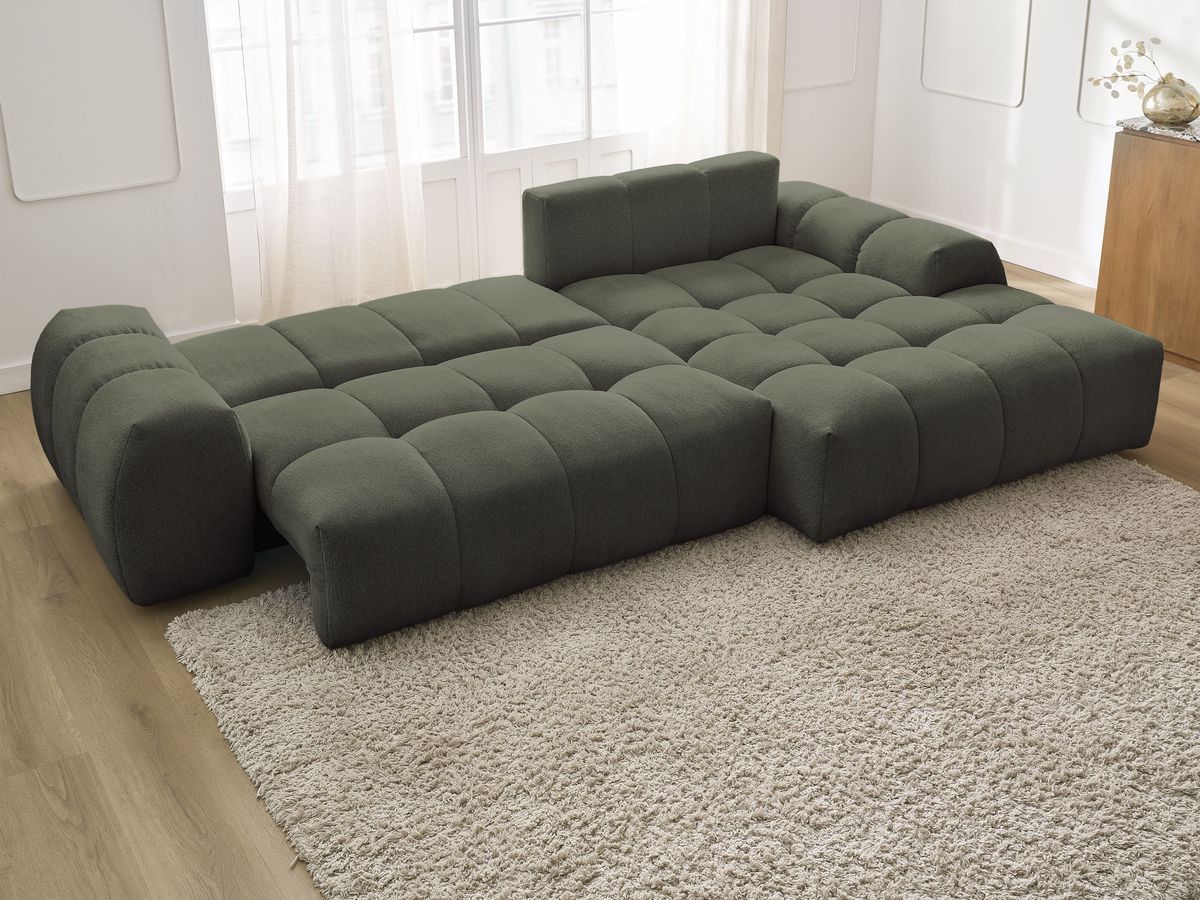Bobochic Everest Ecksofa mit Schlaffunktion und Bettkasten 318 × 180 cm, 3 Kissen Melange-Stoff Grün Ecke rechts