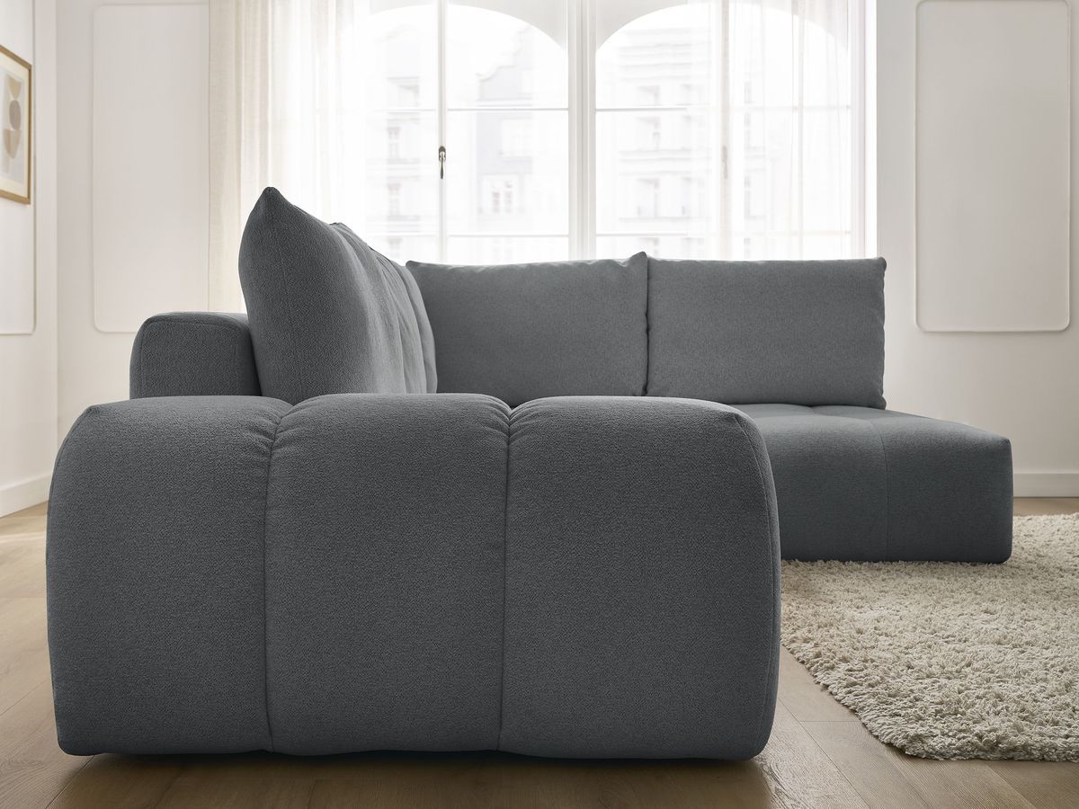 Bobochic Everest Ecksofa mit Schlaffunktion und Bettkasten 320 × 212 cm, 5 Kissen Melange-Stoff Dunkelgrau Ecke rechts