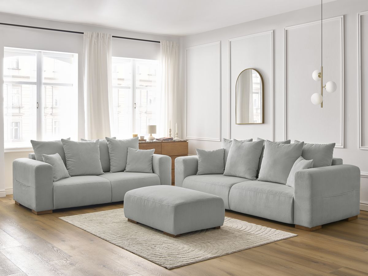 Bobochic Sidonie Sofa 6-Sitzer mit Pouf Cordsamt Hellgrau