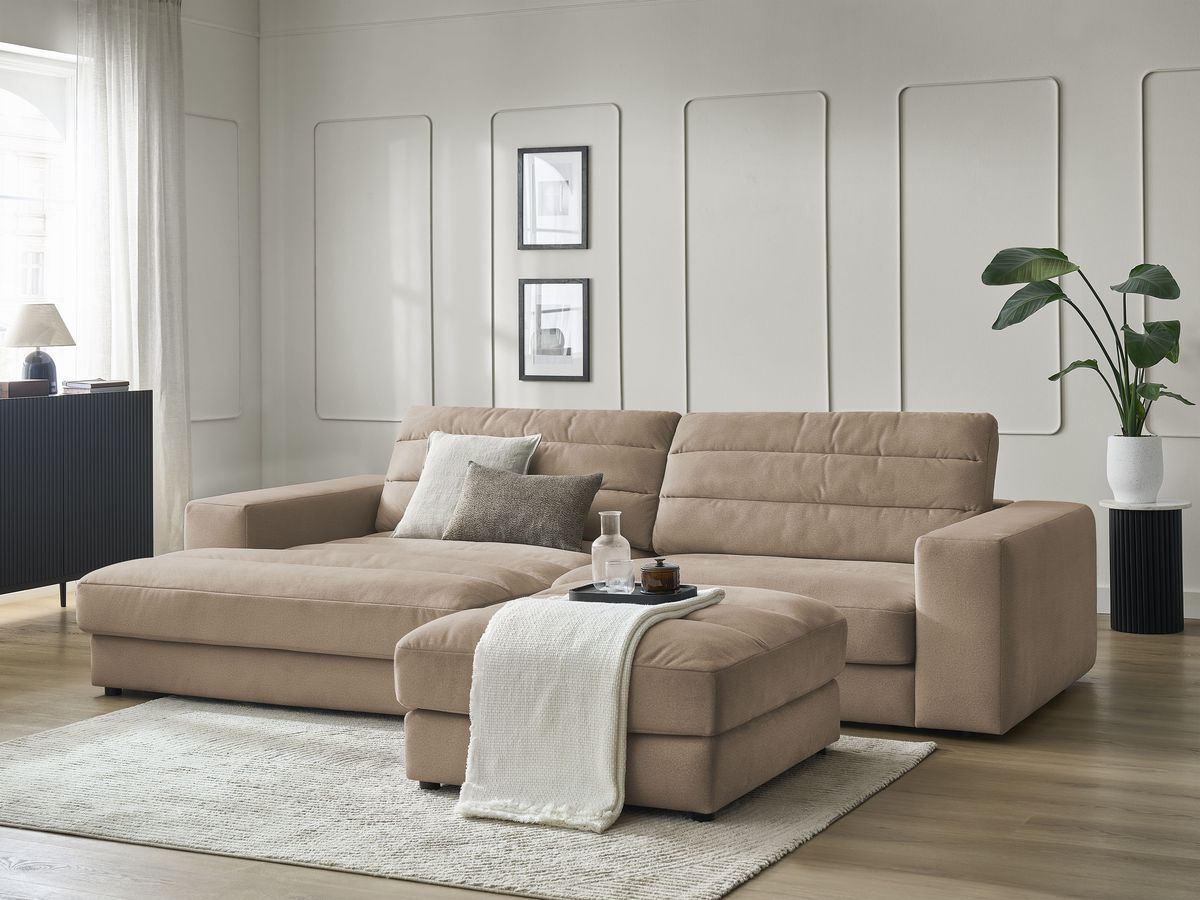 Bobochic Sierra Ecksofa mit Pouf Samt Taupe Ecke links