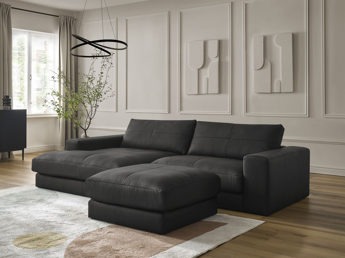 Bobochic Leonard Ecksofa mit Pouf 274 × 159 cm Leder Schwarz Ecke links