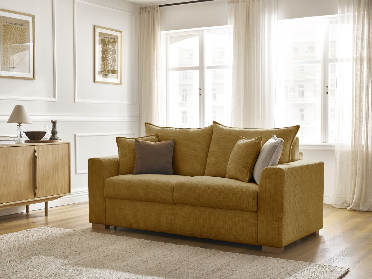 Bobochic Augustin Schlafsofa 3-Sitzer Strukturstoff Gelb, Liegefläche 140 × 200 cm
