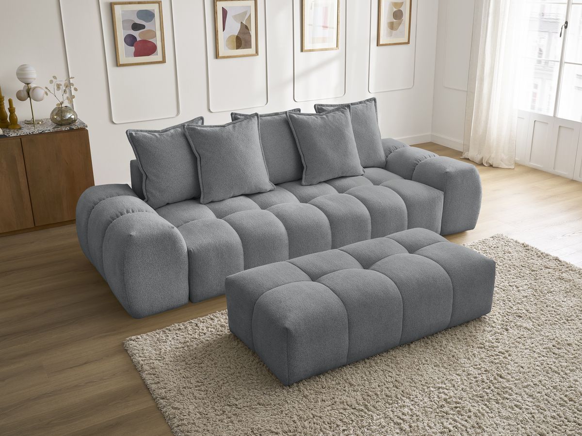 Bobochic Everest Sofa 3-Sitzer mit Pouf, 5 Kissen Melange-Stoff Dunkelgrau