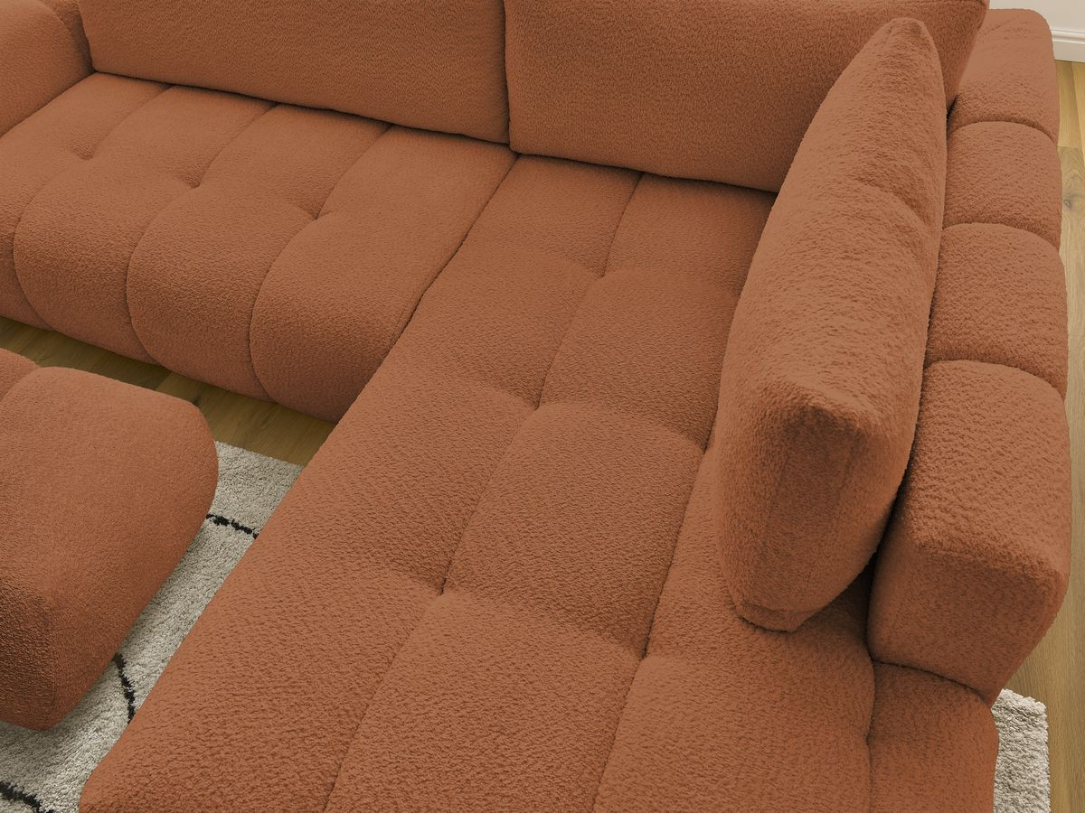 Bobochic Fuji Ecksofa mit Schlaffunktion und Bettkasten und Pouf 282 × 204 cm Bouclé-Stoff Orange Ecke rechts