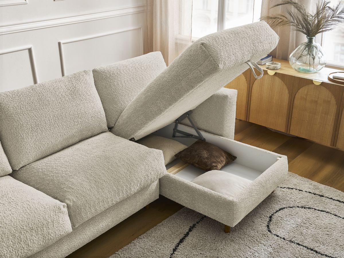 Bobochic Cocoone Ecksofa mit Schlaffunktion und Bettkasten Bouclé-Stoff Beige, Liegefläche 140 × 200 cm