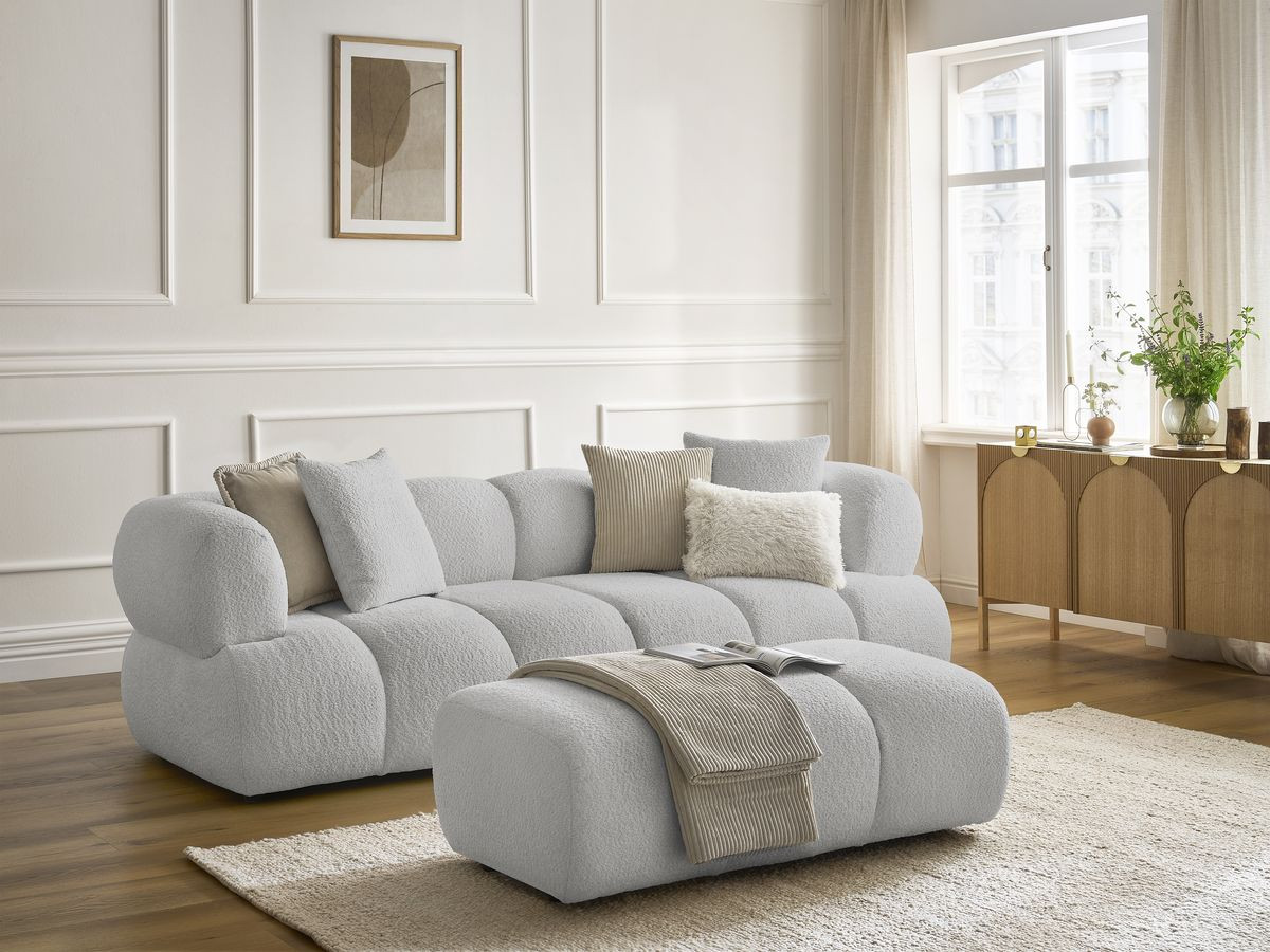 Bobochic Pamira Sofa 3-Sitzer mit Pouf Bouclé-Stoff Hellgrau