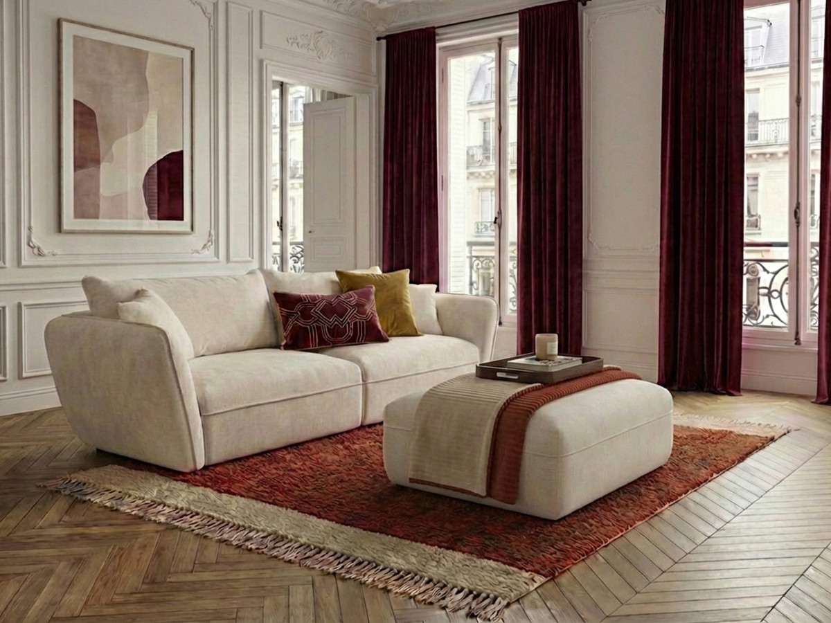 Bobochic Luigi Sofa 3-Sitzer mit Pouf Strukturstoff Weiß