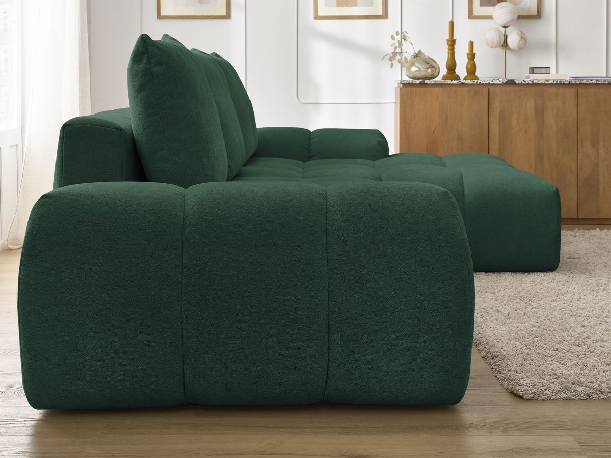 Bobochic Everest Ecksofa mit Schlaffunktion und Bettkasten 318 × 180 cm, 3 Kissen Strukturstoff Grün Ecke rechts