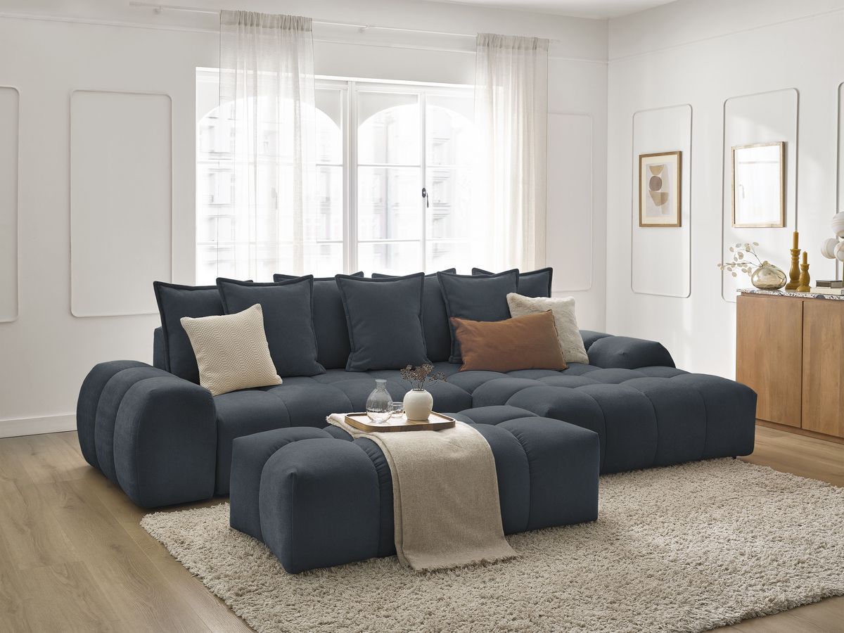Bobochic Everest Ecksofa mit Schlaffunktion und Bettkasten und Pouf 318 × 180 cm, 7 Kissen Strukturstoff Blau Ecke rechts