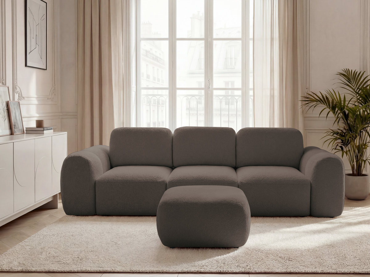 Bobochic Montaigne Schlafsofa 3-Sitzer mit Bettkasten und Pouf Bouclé-Stoff Braun