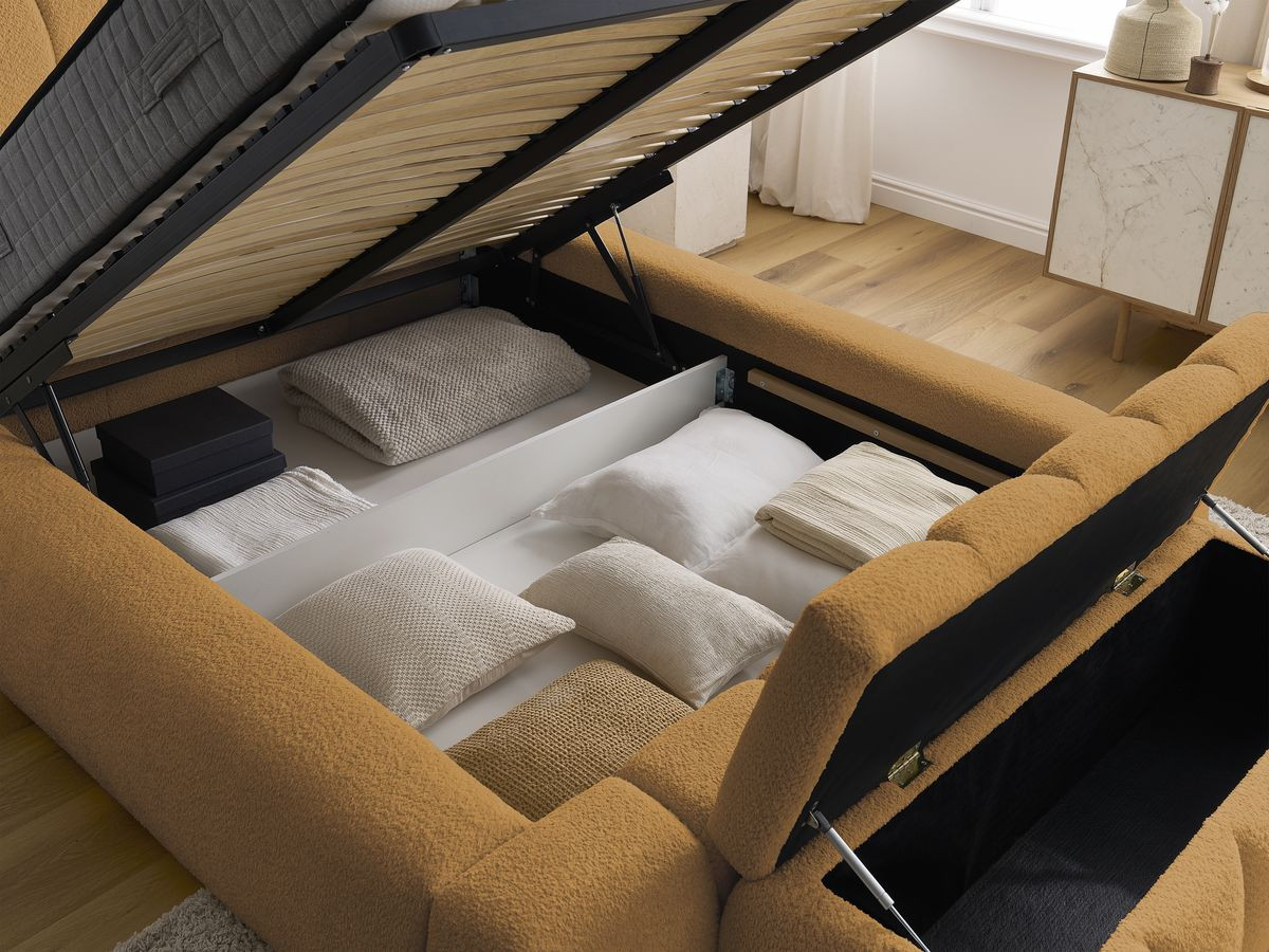 Bobochic Denali Polsterbett mit Bettkasten mit Bettbank Bouclé-Stoff Gelb, Liegefläche 160 × 200 cm