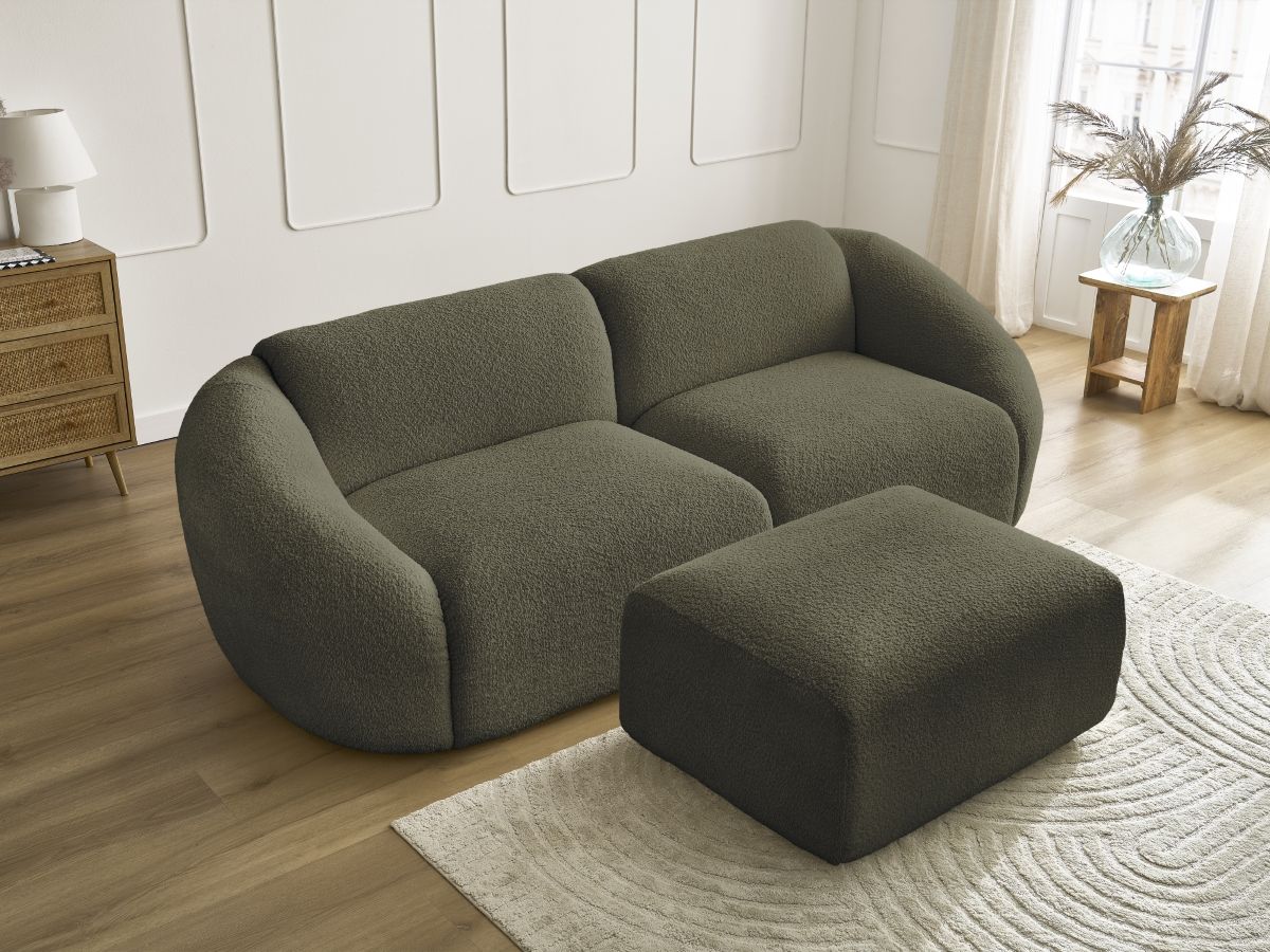 Bobochic Tina Sofa 4-Sitzer mit Pouf Bouclé-Stoff Grün