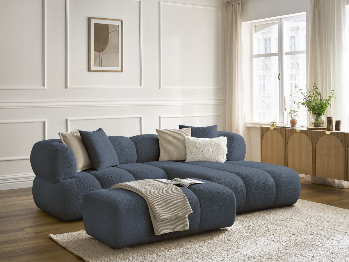Bobochic Pamira Ecksofa mit Pouf Bouclé-Stoff Dunkelblau Ecke rechts