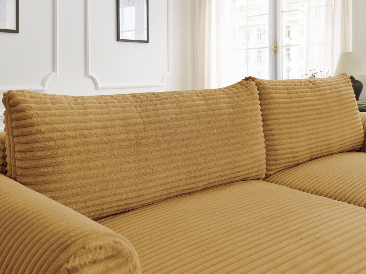 Bobochic Lucien Ecksofa mit Schlaffunktion und Bettkasten und Pouf 314 × 167 cm Breitcord weich Gelb Ecke rechts