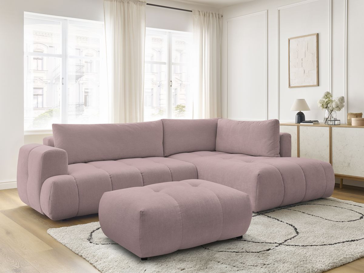 Bobochic Fuji Ecksofa mit Schlaffunktion und Bettkasten und Pouf 282 × 204 cm Stoff Rosa Ecke rechts