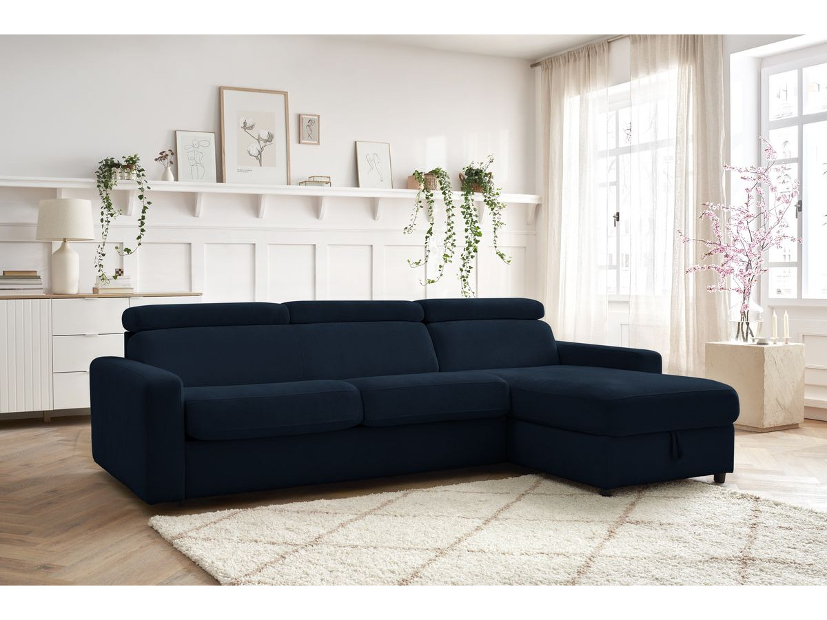 Bobochic Monaco Ecksofa mit Schlaffunktion und Bettkasten Stoff Dunkelblau, Liegefläche 160 × 190 cm