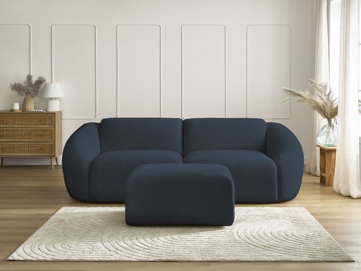 Bobochic Tina Sofa 4-Sitzer mit Pouf Bouclé-Stoff Dunkelblau