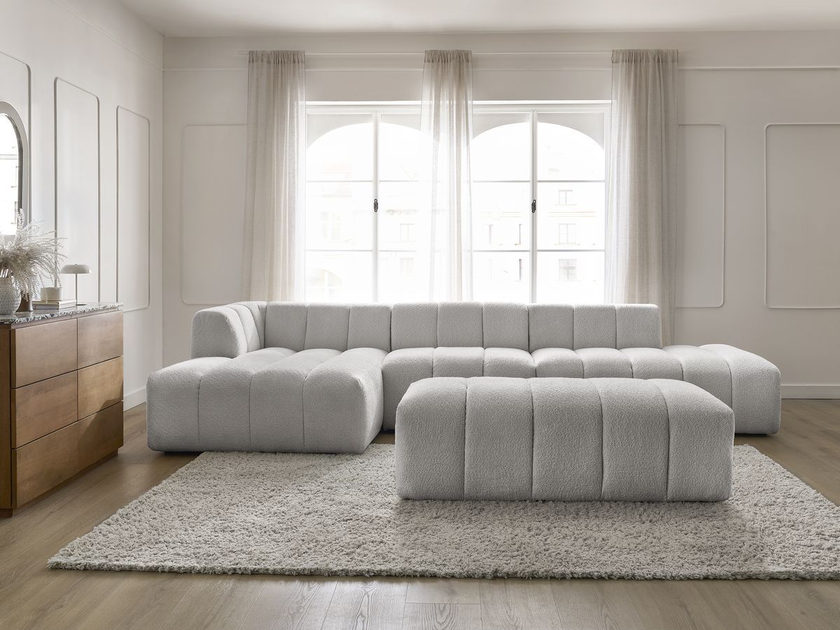 Bobochic Annecy Ecksofa mit Sofamodul und Pouf Bouclé-Stoff Hellgrau Ecke links