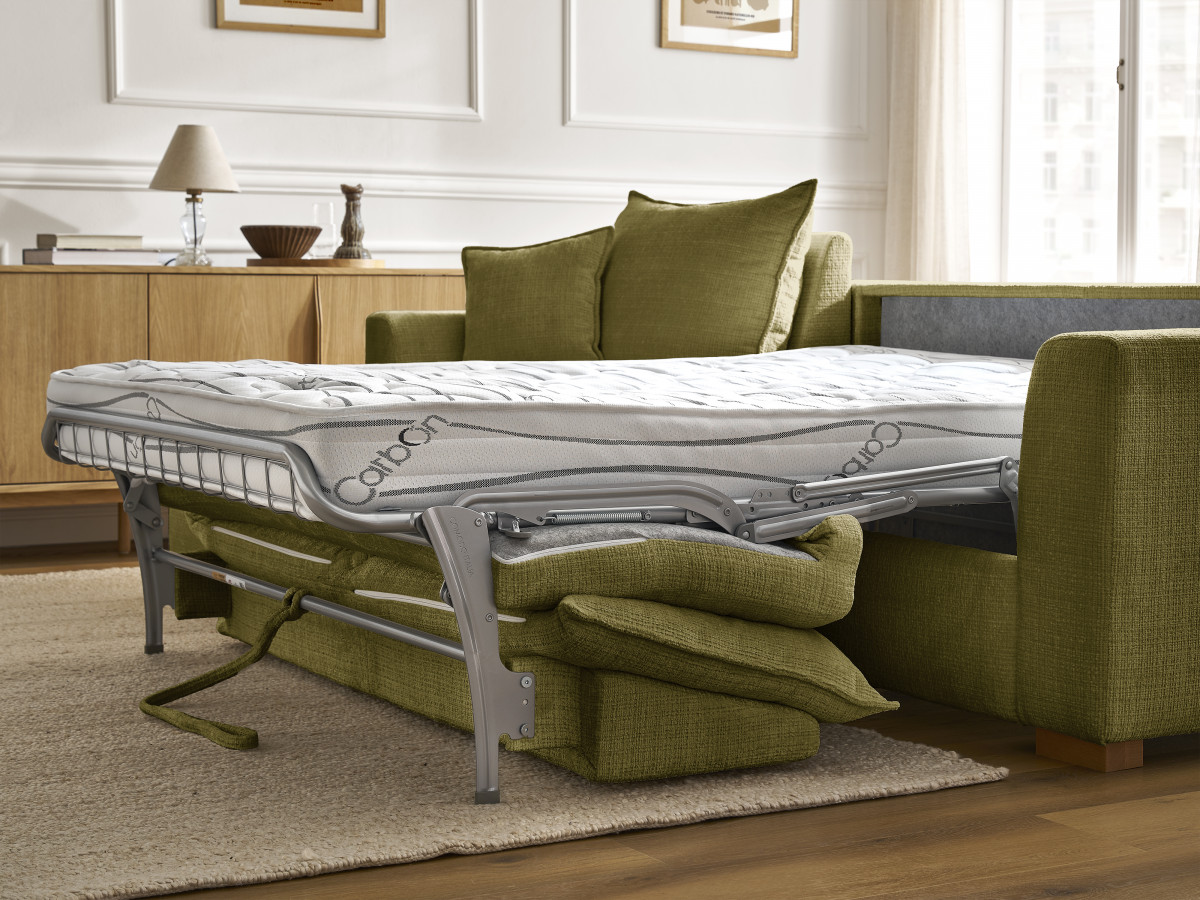 Bobochic Augustin Ecksofa mit Schlaffunktion und Bettkasten Strukturstoff Grün, Liegefläche 140 × 200 cm