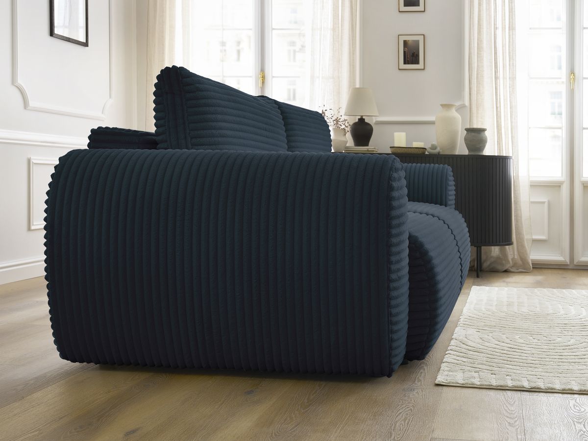 Bobochic Lucien Schlafsofa 3-Sitzer mit Bettkasten Breitcord weich Dunkelblau