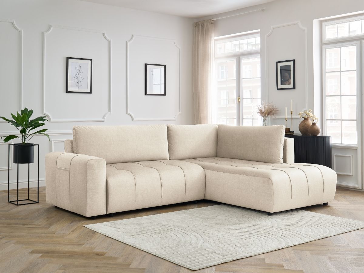 Bobochic Arsene Ecksofa mit Schlaffunktion und Bettkasten 277 × 200 cm Samt Beige Ecke rechts