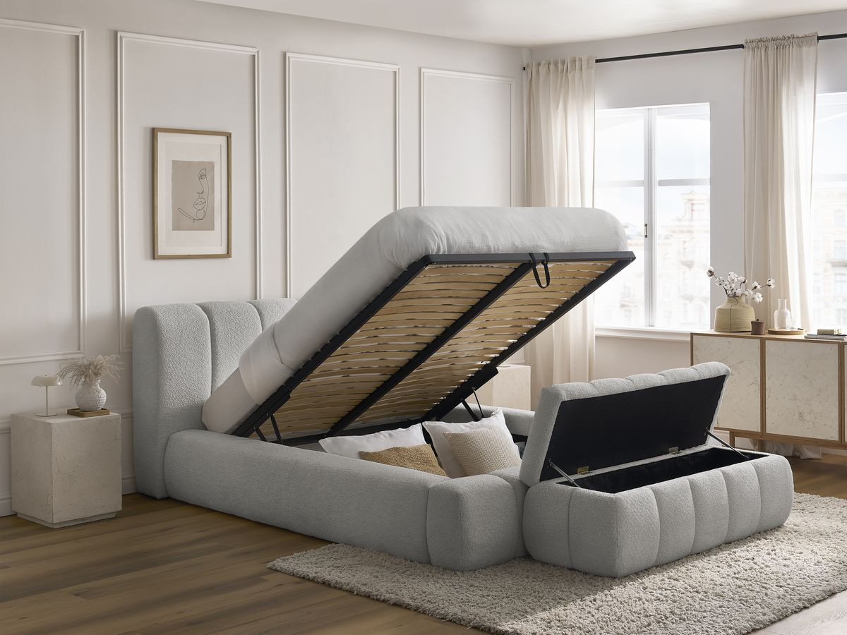 Bobochic Denali Polsterbett mit Bettkasten mit Bettbank Bouclé-Stoff Hellgrau, Liegefläche 180 × 200 cm