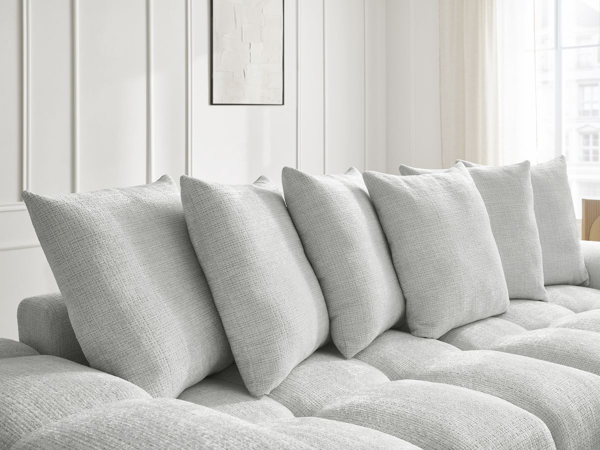 Bobochic Anakin Ecksofa mit Pouf, 6 Kissen Strukturstoff Hellgrau