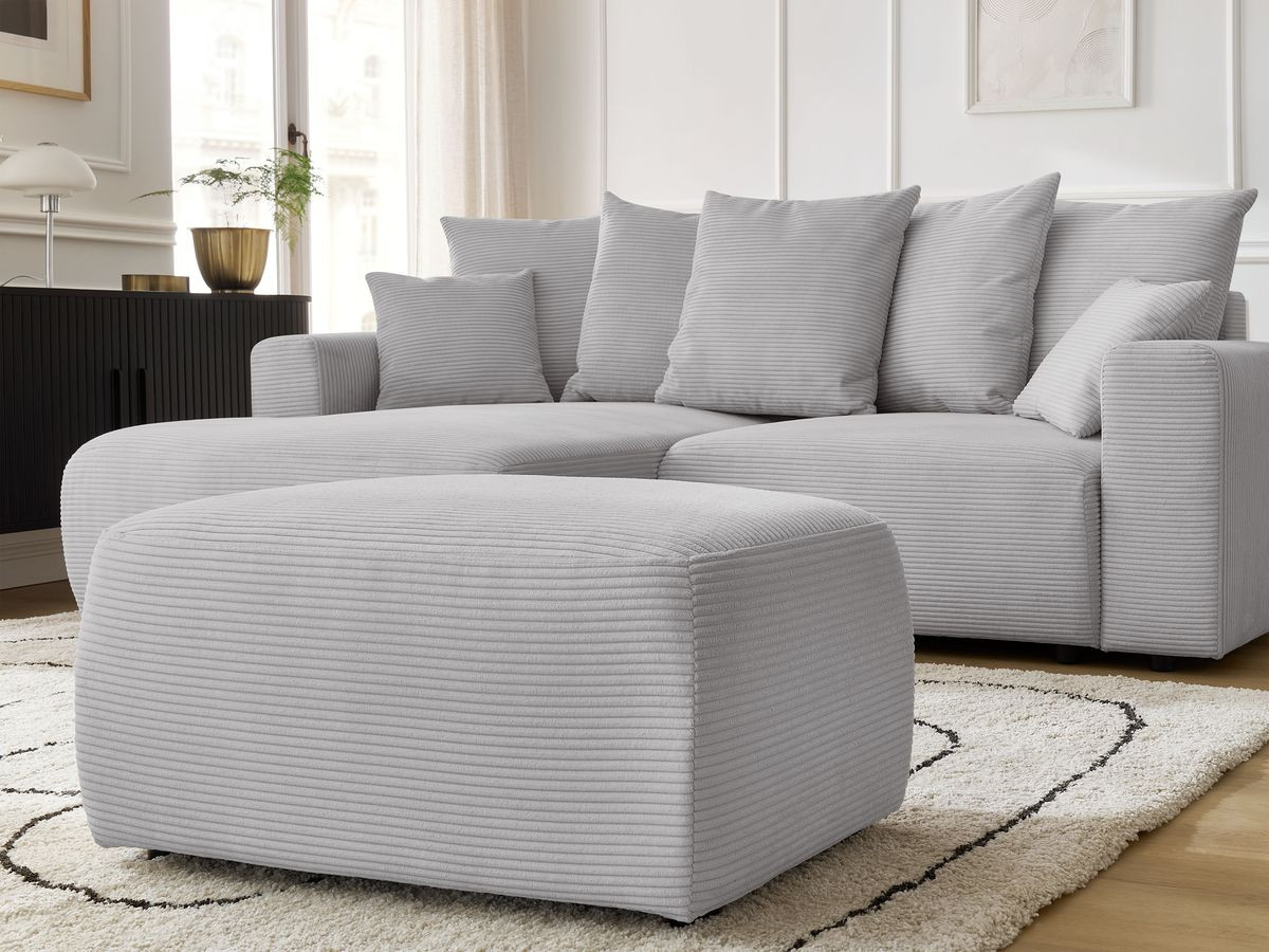 Bobochic Atilla Ecksofa mit Schlaffunktion und Bettkasten und Pouf Cordsamt Hellgrau Ecke links