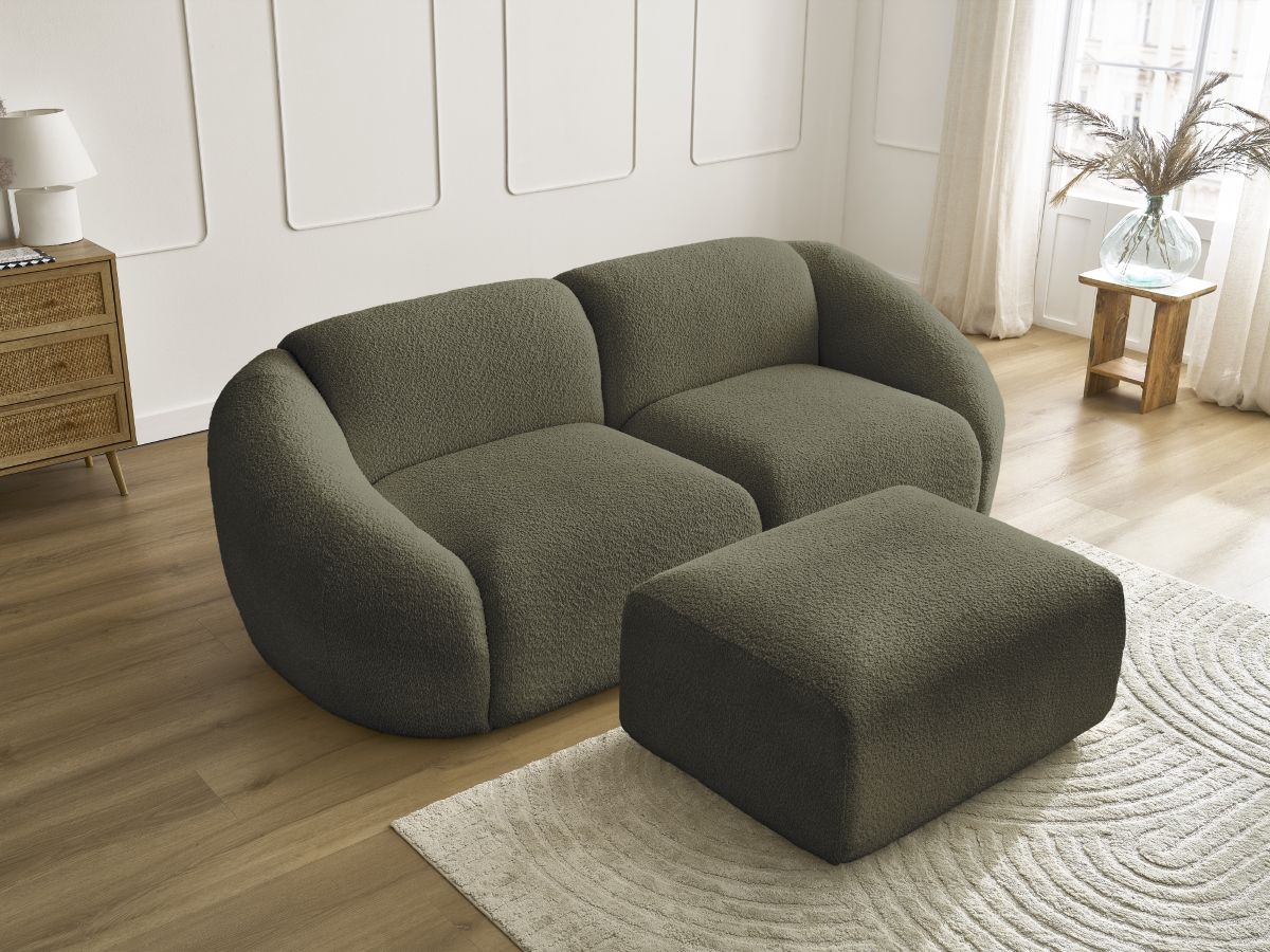 Bobochic Tina Sofa 3-Sitzer mit Pouf Bouclé-Stoff Grün