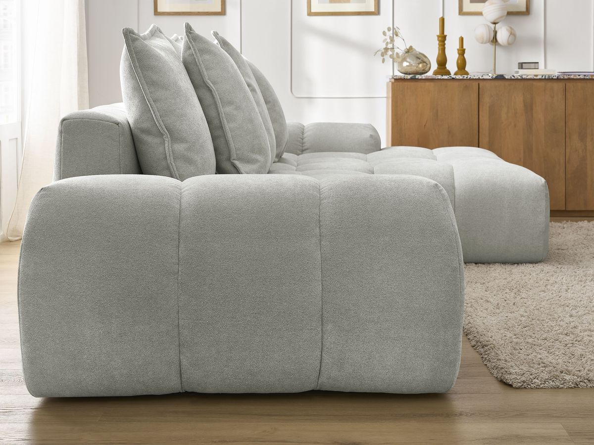Bobochic Everest Ecksofa mit Schlaffunktion und Bettkasten 318 × 180 cm, 7 Kissen Strukturstoff Hellgrau Ecke rechts