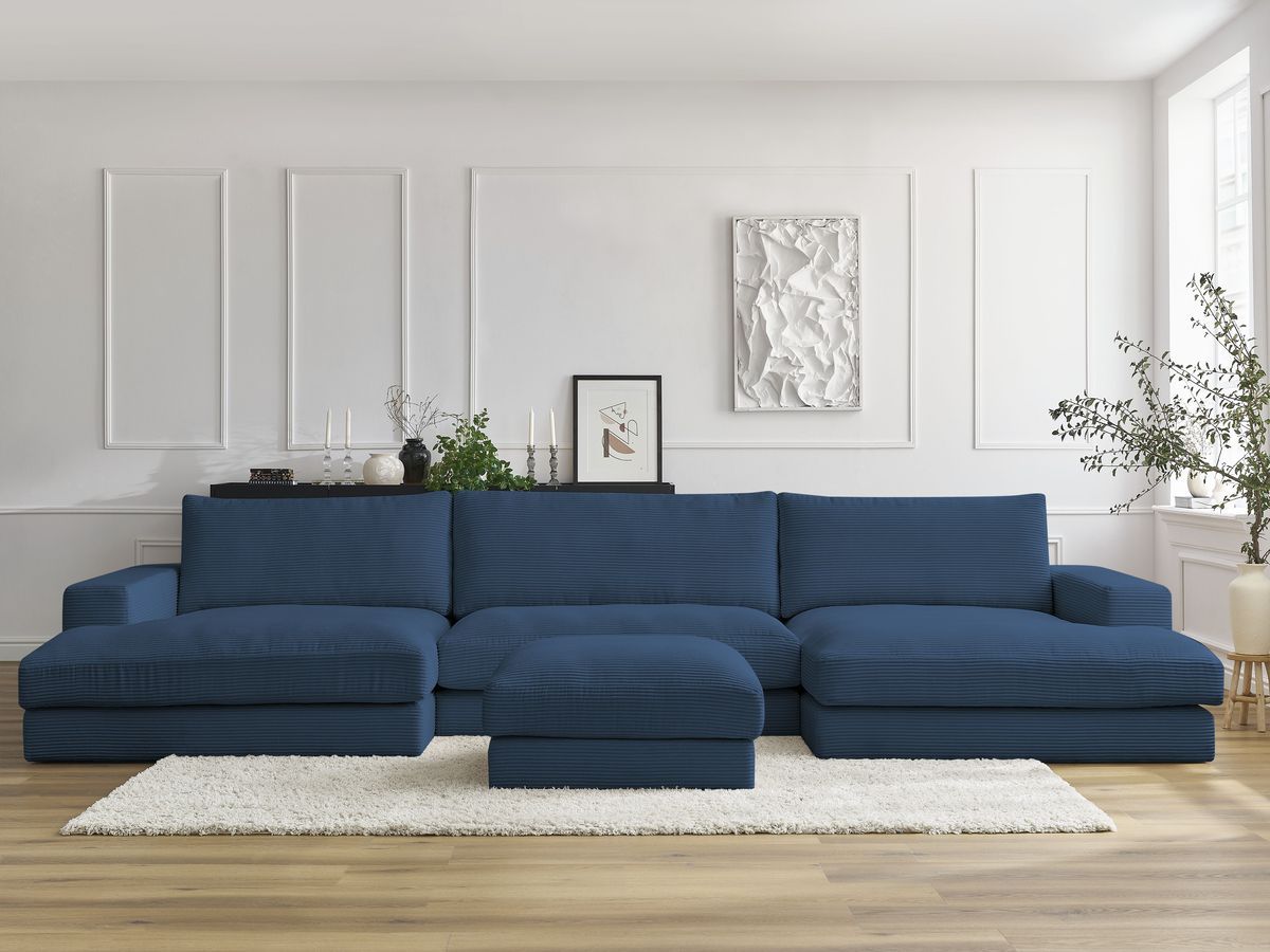 Bobochic Leonard Wohnlandschaft mit Pouf 349 × 159 cm Cordsamt Dunkelblau