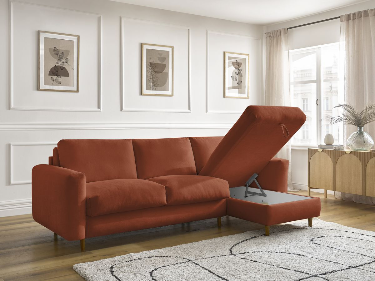 Bobochic Cocoone Ecksofa mit Schlaffunktion und Bettkasten Stoff Orange, Liegefläche 160 × 200 cm