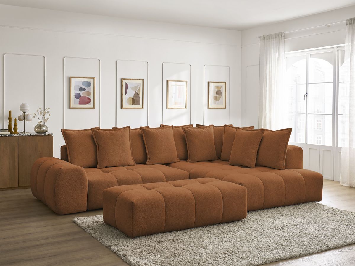 Bobochic Everest Ecksofa mit Schlaffunktion und Bettkasten und Pouf 320 × 212 cm, 10 Kissen Melange-Stoff Orange Ecke rechts