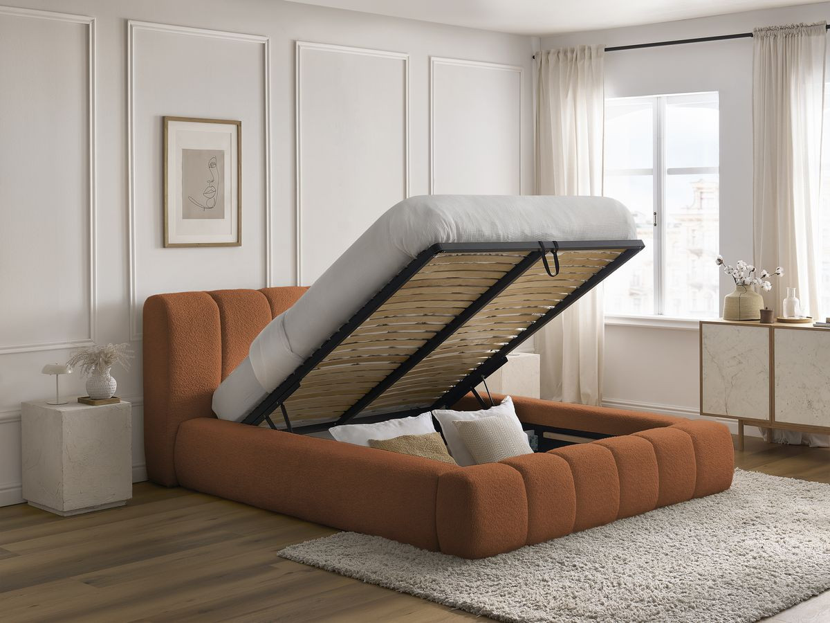 Bobochic Denali Polsterbett mit Bettkasten Bouclé-Stoff Orange, Liegefläche 140 × 190 cm