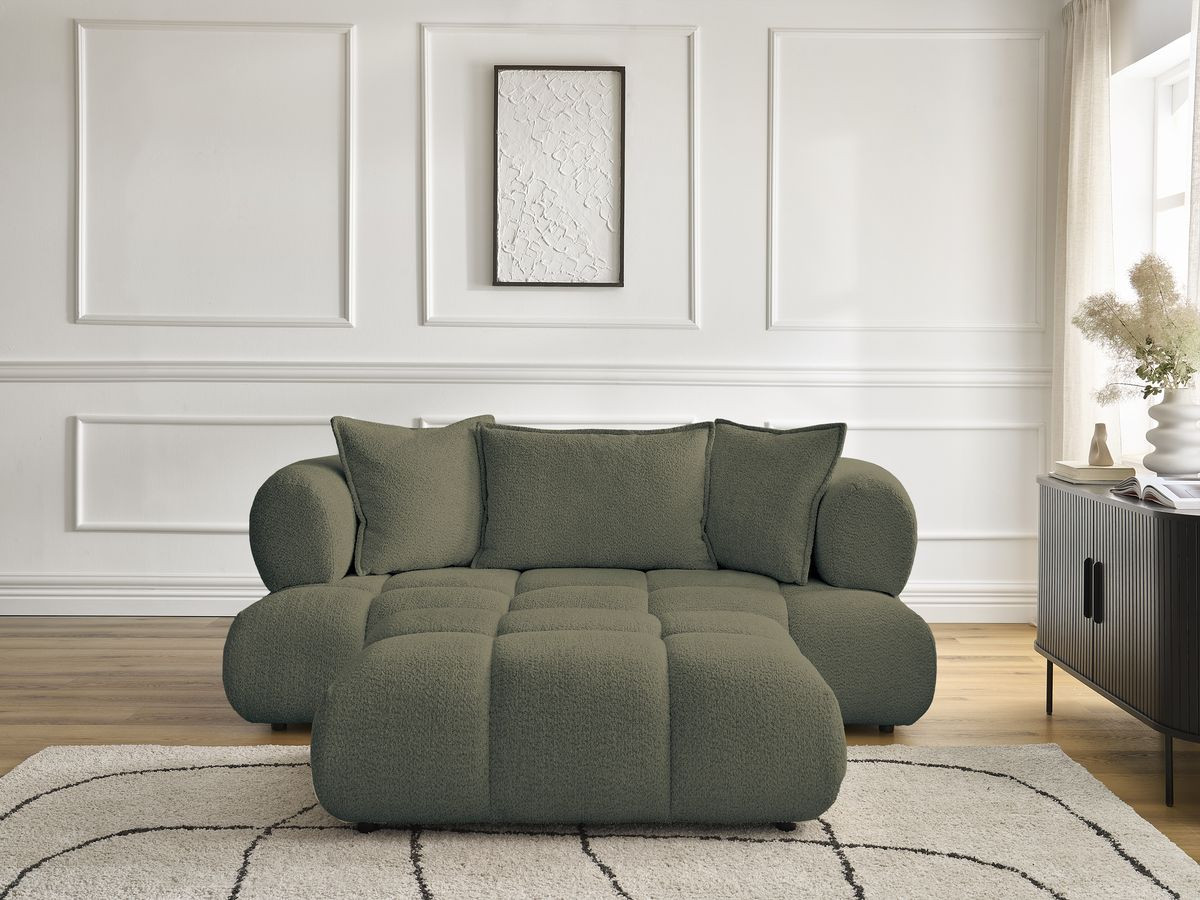 Bobochic Alya Sofa 2-Sitzer mit Pouf Bouclé-Stoff Grün