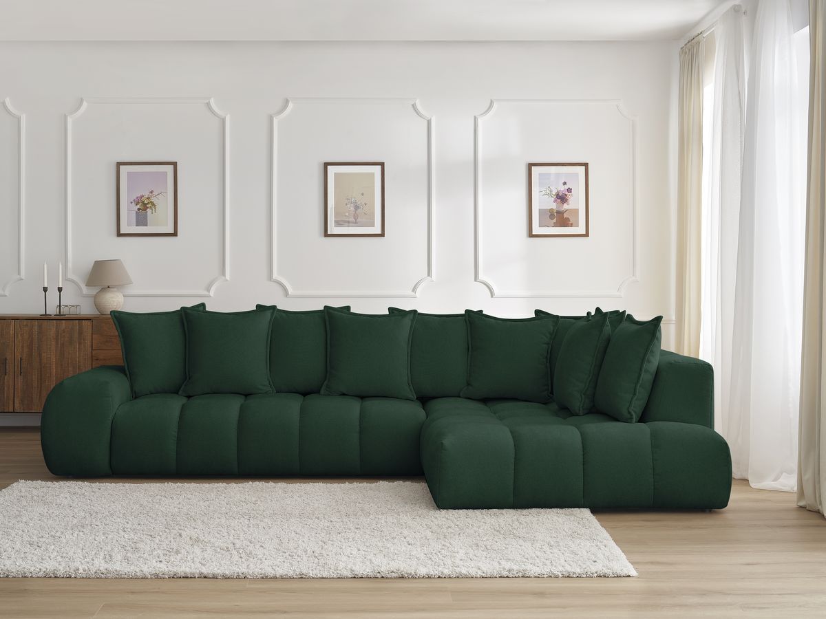Bobochic Everest Ecksofa, 10 Kissen Strukturstoff Grün Ecke rechts