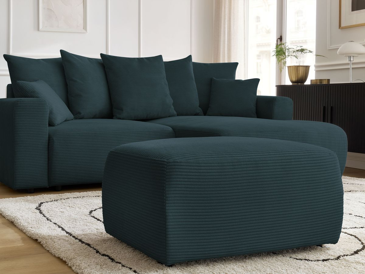 Bobochic Atilla Ecksofa mit Schlaffunktion und Bettkasten und Pouf Cordsamt Dunkelblau Ecke rechts