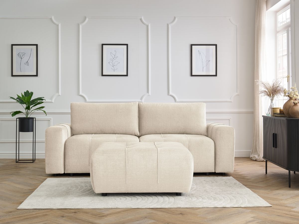 Bobochic Arsene Schlafsofa 4-Sitzer mit Bettkasten und Pouf Samt Beige