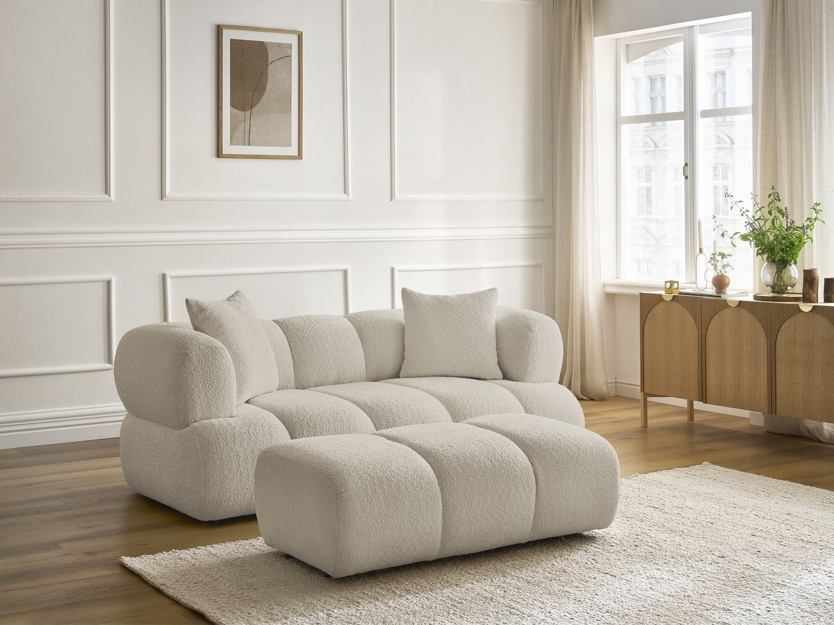 Bobochic Pamira Sofa 2-Sitzer mit Pouf Bouclé-Stoff Beige